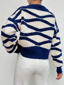 EURMUSE Graphic Pattern Drop Shoulder Cardigan - Navy Blue - View 2