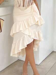 NegzBox Women's Creamy Apricot Summer Skirt With High-Low Hem ,Drawstring Ruffled Layered,Party Skirt,Boho Skirt,Lunch Skirt - Apricot - View 4
