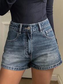 DAZY 女式水钻装饰修身休闲牛仔短裤 - 中等水洗藍 - 查看 2