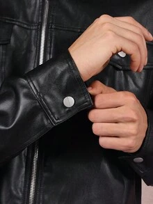 SUMWON Crop Fit Premium Faux Leather Jacket With Hood Classic Trucker Style Winter Fall Outerwear Casual Streetwear Motorcycle Fashion Urban Zip Up - Black - View 6