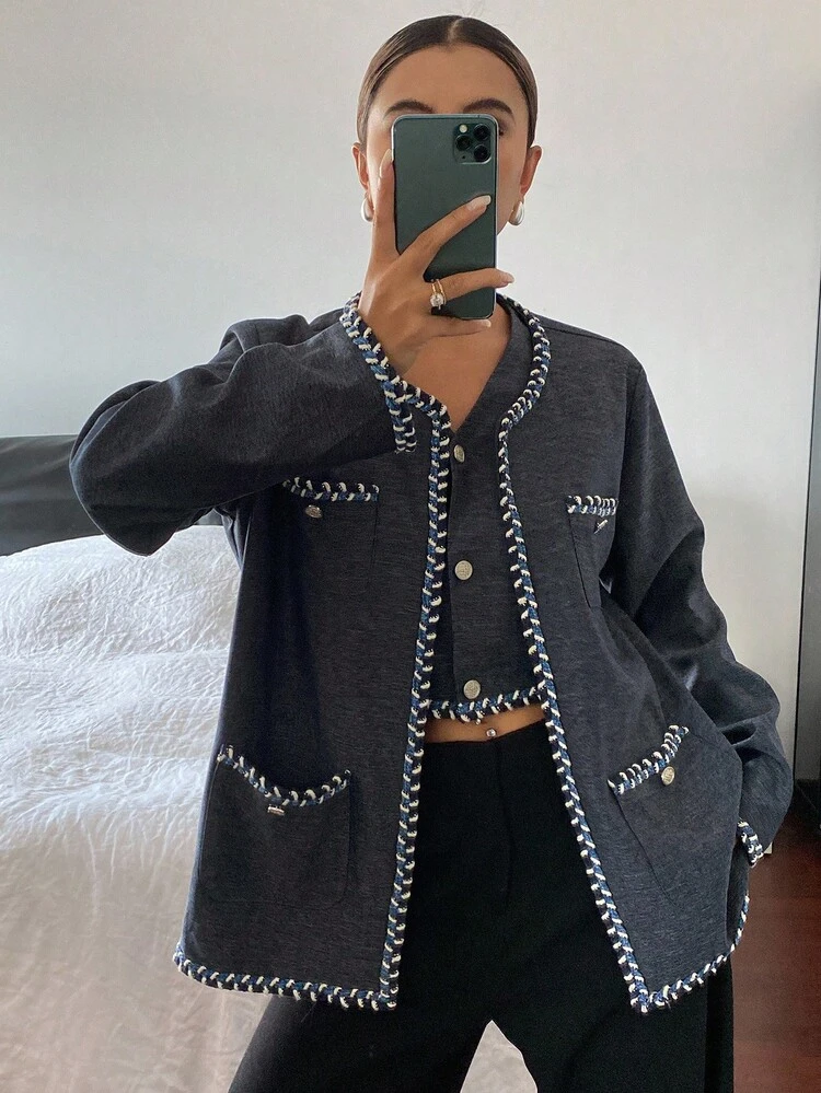 2pcs Women Elegant Lace Trim V-Neck Sleeveless Vest & Loose Long Sleeve Jacket Set, Autumn/Winter