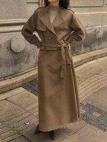 DAZY Women's Solid Color Loose Lapel Shoulder Strap Belt Cuff Double-Breasted Outdoor Jacket & A-Line Skirt Casual Street Suit, 2-Piece Set, Autumn/Winter