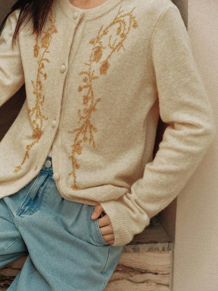 Autumn/Winter Loose Business Casual Commute Elegant Rhinestone Sequin Beaded Minimalist Floral Embroidery Knit Cardigan, Suitable For Wedding, Party
