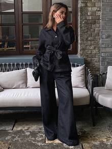 DAZY Women's Denim Jacket With Collar And Belt, Paired With Loose Wide-Leg Denim Pants, 2 Pieces Casual Denim Suit - Dark Wash - View 6