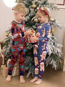 4pcs/Set Young Girl' Cute Christmas Tree & Gingerbread Man Cartoon Print Comfortable Pajama Set, Spring/Autumn - Multicolor - View 2