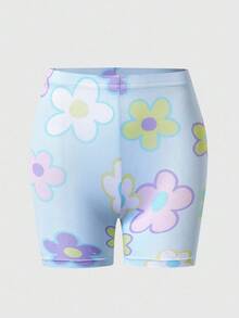 SHEIN Explorewe 少女牛奶丝印花蓝色打底小花自行车短裤