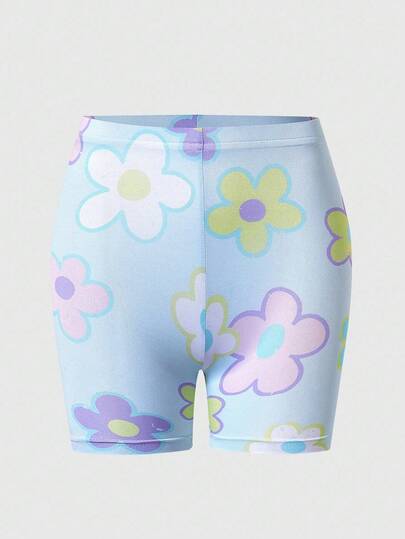 SHEIN Explorewe Young Girl Milk Silk Printed Blue Base Small Floral Bike Shorts