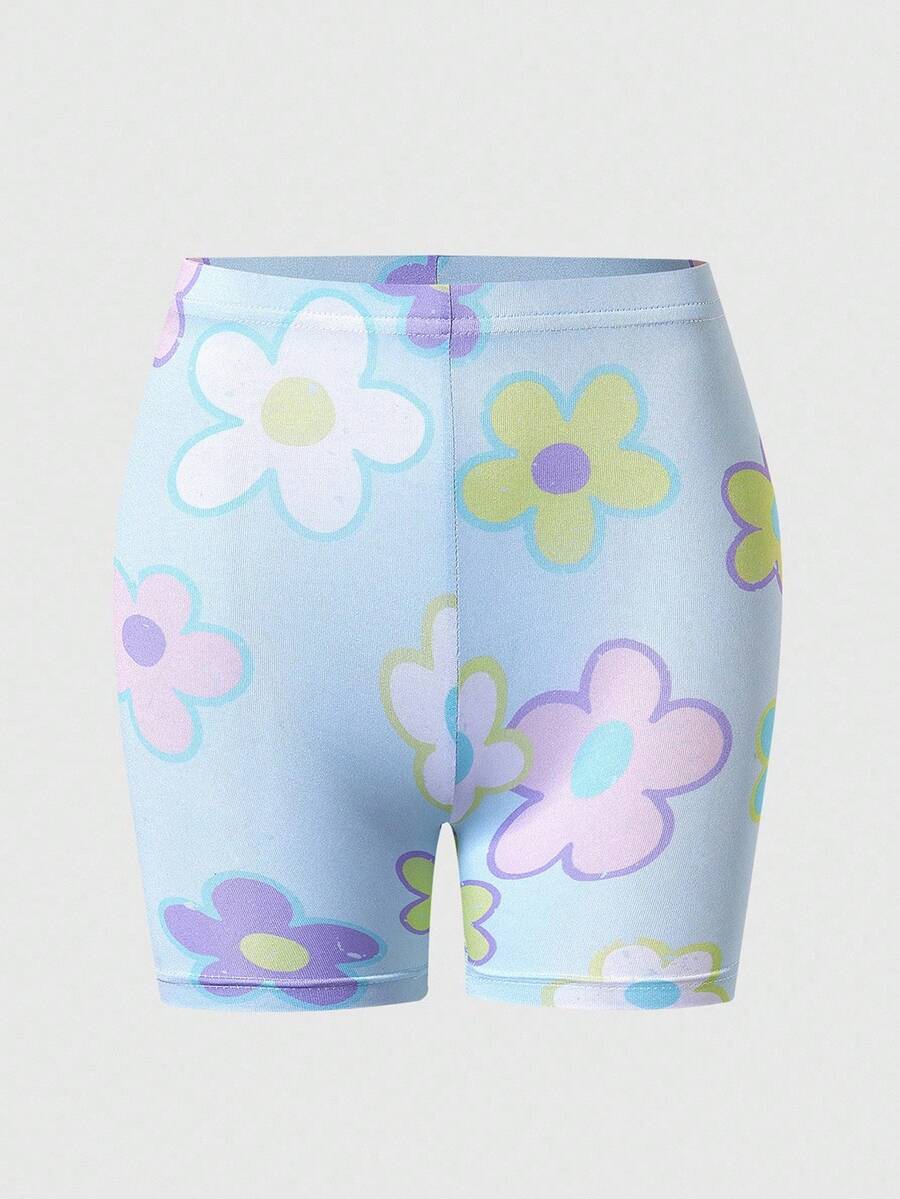 SHEIN Explorewe 少女牛奶丝印花蓝色打底小花自行车短裤