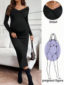 SHEIN Fall Clothes,Autumn Clothes,Maternity Autumn Clothes Maternity Elegant, Homewear, Fashionable Long Sleeve Maternity Midi Dress Maternity Dress Black Maternity Dress Pregnancy Dress Off The Shoulder Maternity Dress