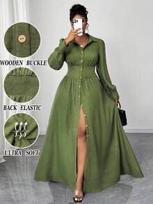 Maweii Đầm sơ mi thường ngày tay dài đơn hàng khuy cài eo màu trơn cỡ lớn cho nữ - màu xanh lá - Xem 3