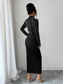 Modelyn 女式斑马条纹立领长袖侧开衩下摆扭腰修身连衣裙，带烫金印花，优雅晚会礼服，女士优雅开叉，开叉大腿，扭纹长袖立领修身长款黑色常规袖图案修身女式长裙，春/秋，休闲日常穿着超长女装长款晚礼服 - 銀色 - 查看 2