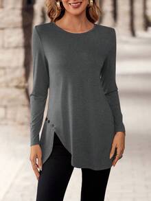 EMERY ROSE Áo thun nữ tay dài cổ tròn trơn màu đơn giản - Màu xám đen - Xem 6
