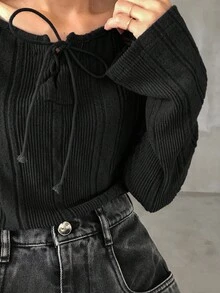 FRIFUL 女士休闲纯色长袖抽绳T恤 - 黑色 - 查看 4