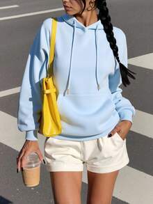 SHEIN 标语图案落肩抽绳保暖连帽套头衫（秋季款） - 淺藍色 - 查看 1