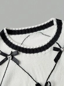 SHEIN MOD 黑白蝴蝶结钻石图案无袖针织连衣裙 - 黑與白 - 查看 4