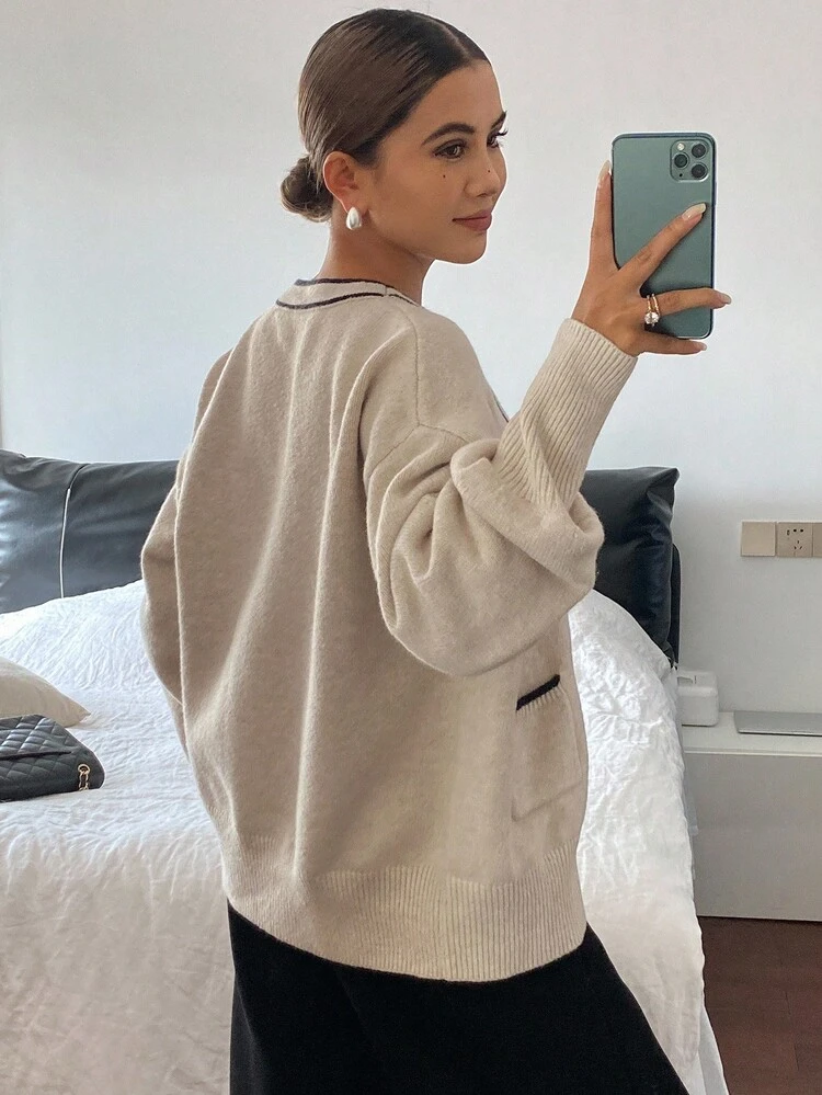 Women's Casual Contrast Color Drop Shoulder Long Sleeve Knitted Cardigan, Autumn