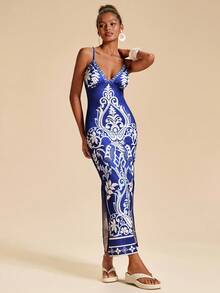 Travachic Women's Royal Blue And Floral V Neck Fitted Camisole Maxi Dress, Summer Boho Holiday Vacation, Luxury Elegant Wedding Guest Prom Outfits - Blue - View 3