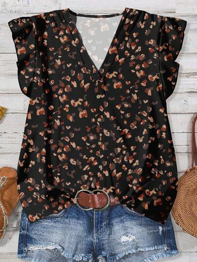 SHEIN LUNE Casual Minimalist Vintage Coin Leopard Print Pattern Women Shirt, Suitable For Summer, Early Autumn, Retro Style, Versatile Chic Blouses For Women