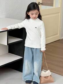 DAZY 女童圆领针织保暖内衬蝴蝶结刺绣长袖T恤，秋季款 - 白色 - 查看 5