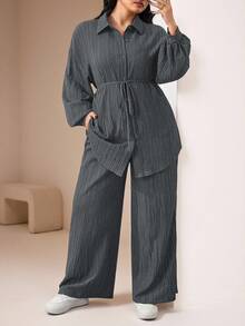 Veilorie 2pcs Plus Size Plain Front Button Long Sleeve Casual Blouse And Pants Set 2 Pieces Set - Grey - View 2