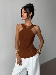 Elenzga Áo len dệt kim cổ chéo thiết kế tối giản, giản dị - màu nâu - Xem 5