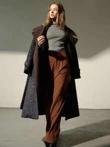 Aveloria Modichic Abrigo largo de mujer con cuello de solapa de color contrastante, decorado con corbata de tela de tweed, estilo francés - Multicolor - Ver 4