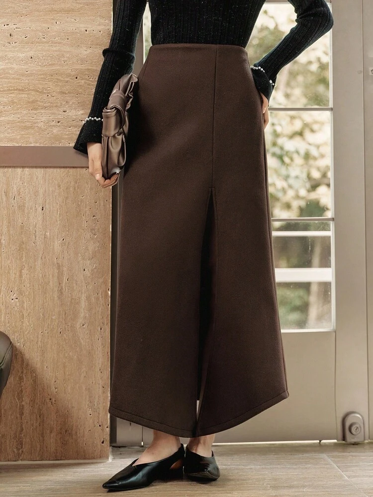 Women's Elegant Solid Color High Slit Skirt Business Casual Woman