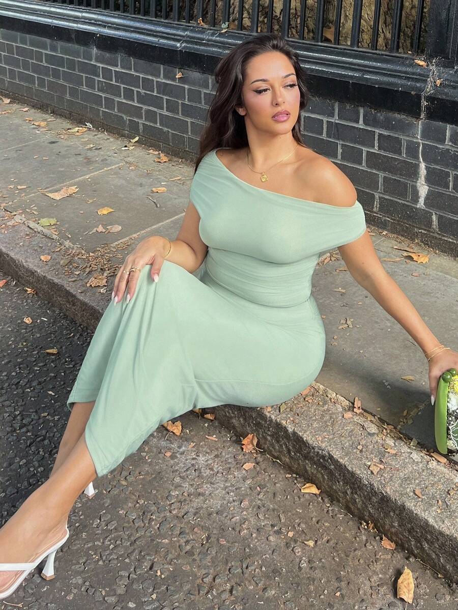 NegzBox Women's Fashionable Asymmetric Collar Pleated Top And Skirt Set ,Petite Women - Green - View 1