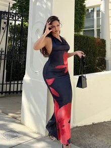 NegzBox 女式夏季针织围脖领印花连衣裙 - 黑色 - 查看 4