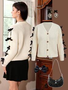 SHEIN MOD Cardigan élégant de couleur unie avec manches ajourées et nœud papillon pour l'automne/l'hiver - Nude - Voir 2