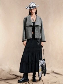 Easelle Women's Gray Casual Dropped Shoulder Floral Trim Jacket, Autumn And Winter Overcoat Gray Contrast Edge Autumn And Winter Retro - Grey - View 4