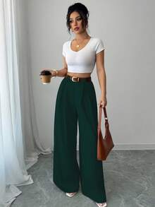 Elenzga 休闲高腰纯杏色裤裙，优雅款式适合日常穿着和工作，复古风适合毕业季、音乐节、德比、独立日 - 墨綠色 - 查看 5