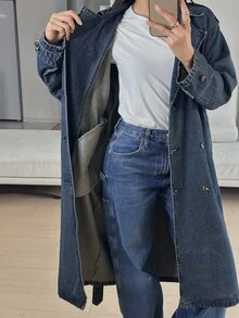 DAZY 女式长款系带休闲牛仔夹克，宽松都市风格 - 中等水洗藍 - 查看 2