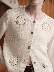 Uhlyne Uhlyne Áo len cardigan dáng ôm màu be, cổ tròn, tay dài, tay lỡ, phong cách Pháp, lãng mạn, tối giản, thanh lịch, thoải mái, thường ngày, đa năng, thủ công 3D, phù hợp cho mùa thu/đông - Màu be - Xem 6