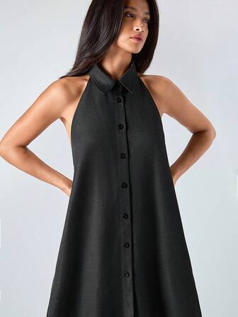 LYSMO Vestido de verano de mujer con escote halter, espalda descubierta y botones delanteros en unicolor y sexy