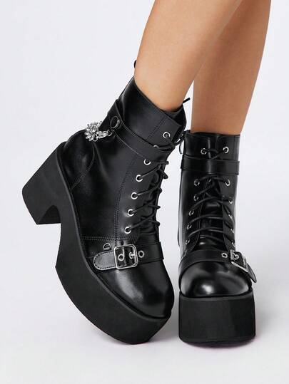 Grunge Punk Women's Gothic Metal Chain Buckle Round Toe Chunky Heel Punk Boots, PU Black High Heel Boots Suitable For Party, Daily Wear, Evening Dress, Height Increasing And Leg Lengthening
