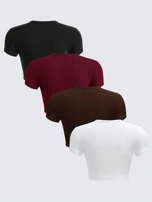 SHEIN BASICS 4pcs/Set Casual Solid Color Knit Round Neck Short Sleeve Fitted Cropped Women T-Shirts,Red Top