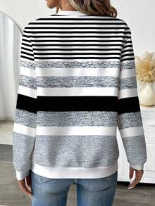 EMERY ROSE Textured Striped Print Zip-Up Round Neck Plus Size Women Sweatshirt