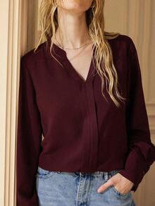 Écloséra Solid Notched Buttoned Cuff Blouse,Long Sleeve Tops Fall Cloth For Women - Burgundy - View 5