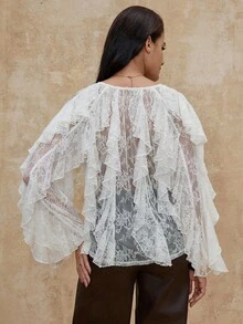 SHEIN Privé Blusa de moda sexy con parche de encaje, volantes y abotonadura sencilla para mujer - Albaricoque - Ver 4