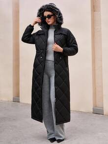 CLARA VERO Long ,Hooded Cinched Waist Padded Coat - Black - View 4