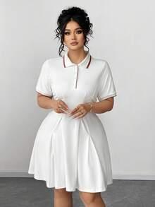 Elenzga Plus Size Women's New Fashion Wave Flare Ribbed Collar Short Sleeve Dress