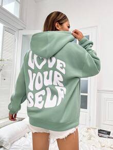 SHEIN Unity 标语印花落肩抽绳保暖连帽衫，爱自己，毕业、教师、返校季套头衫，秋季款 - 綠色 - 查看 4