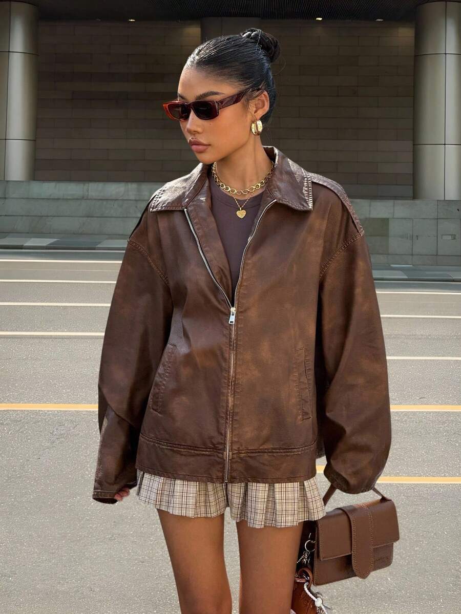 Muchica Giacca vintage marrone alla moda per pendolari, abbigliamento gotico da donna, giacca autunno inverno, per il ritorno a scuola, concerti country, streetwear - Moka Marrone - Visualizzare 1