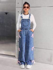 SHEIN 少女牛仔背带裤和连体裤，阔腿工装裤，粉色蝴蝶结牛仔裤，少女工装裤，女式牛仔工装裤，蝴蝶结工装裤 - 深色水洗藍 - 查看 4