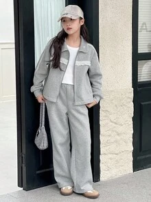 Dazy Kids 女童针织保暖衬里领夹克套装，秋季 - 灰色 - 查看 3