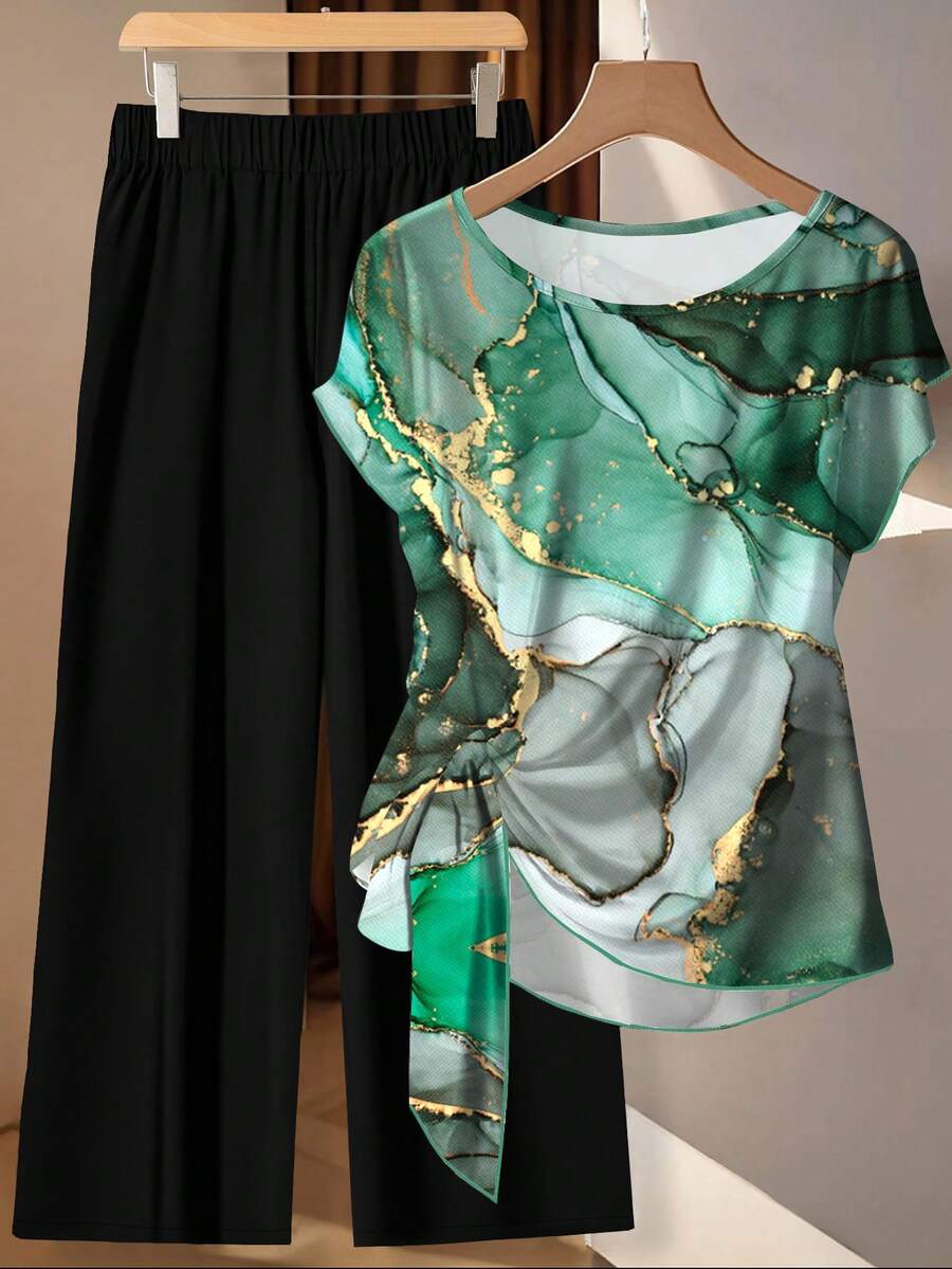 EMERY ROSE Elegant Marble Texture Print Plus Size 2 Pieces Set, Suitable For Party,Flower/Spring/Summer/Vacation - Multicolor - View 1