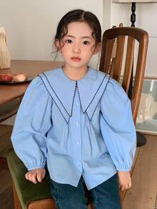 DAZY 年轻女孩拼色泡泡袖宽松休闲衬衫 - 藍色 - 查看 5