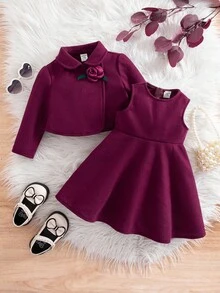 SHEIN 两件套女童优雅紫色无袖连衣裙外套套装，秋冬季 - 中紫紅色 - 查看 11