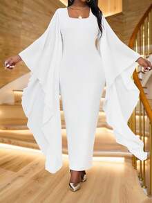 SHEIN Lady 大码女式纯色方领喇叭袖修身优雅连衣裙